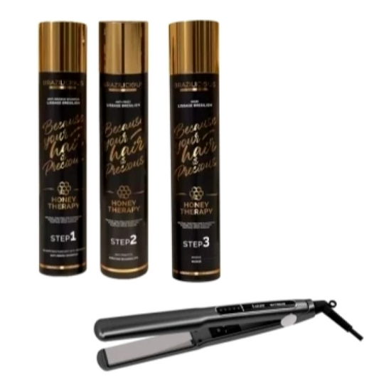 Brazilicious Honey Therapy 1000ml Kit 3 Steps PLUS Lizze Extreme Titanium Hair Straightener